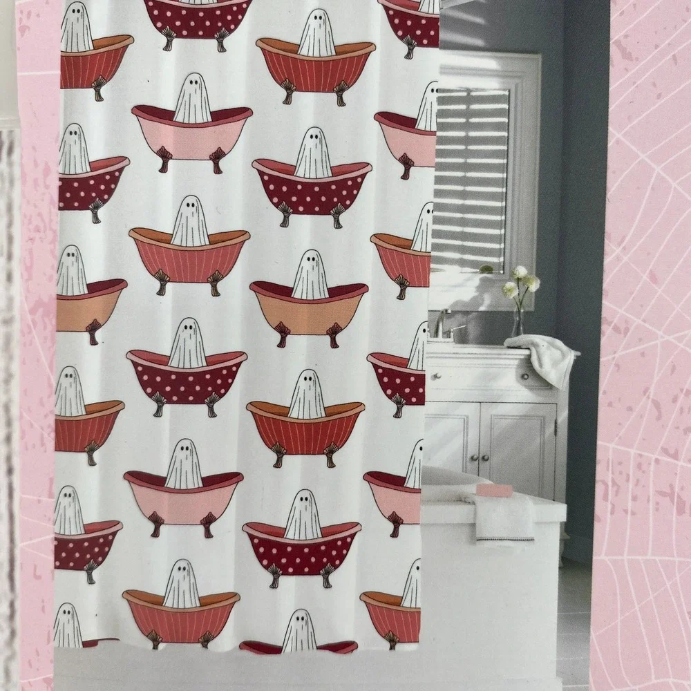 Kassatex Shower Curtain White Ghost Bathtub Halloween Spooky Whimsical Quirky